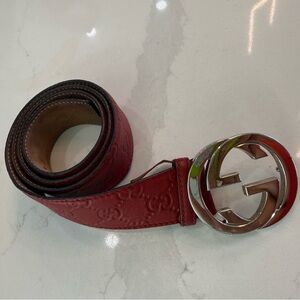 Gucci Red Leather Belt with Silver Buckle